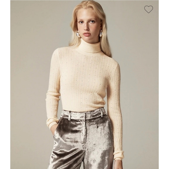 J. Crew Featherweight Cashmere Turtleneck Sweater With Rhinestones Buttercream - Picture 1 of 14
